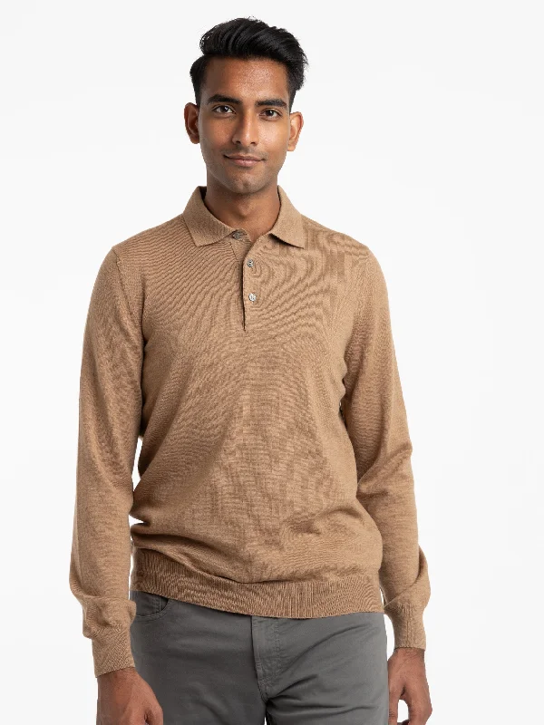 Camel Brown Extra Fine Merino Wool Polo Shirt