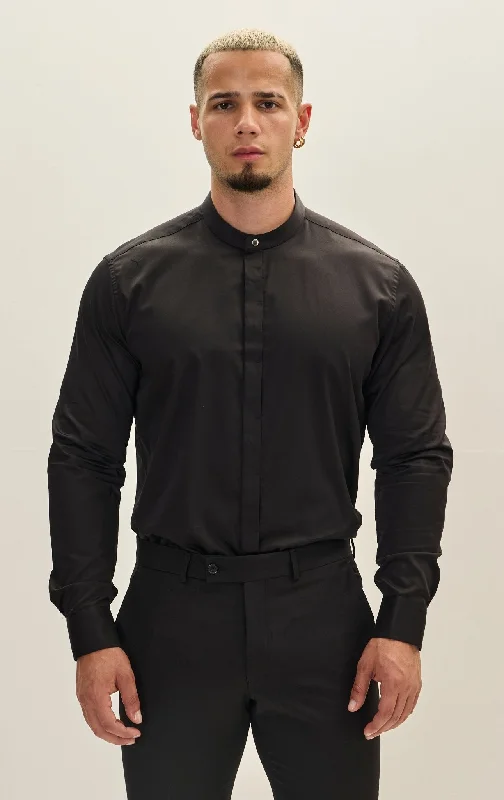 Pure Cotton Band Collar Dress Shirt - Black