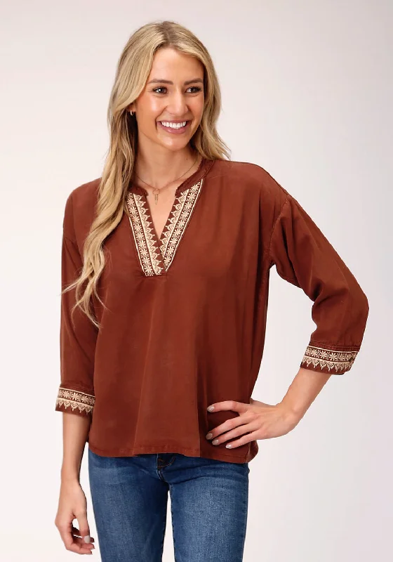 Deal Frenzy Stetson Womens Tobacco Denim Peasant 3/4 Sleeve Blouse