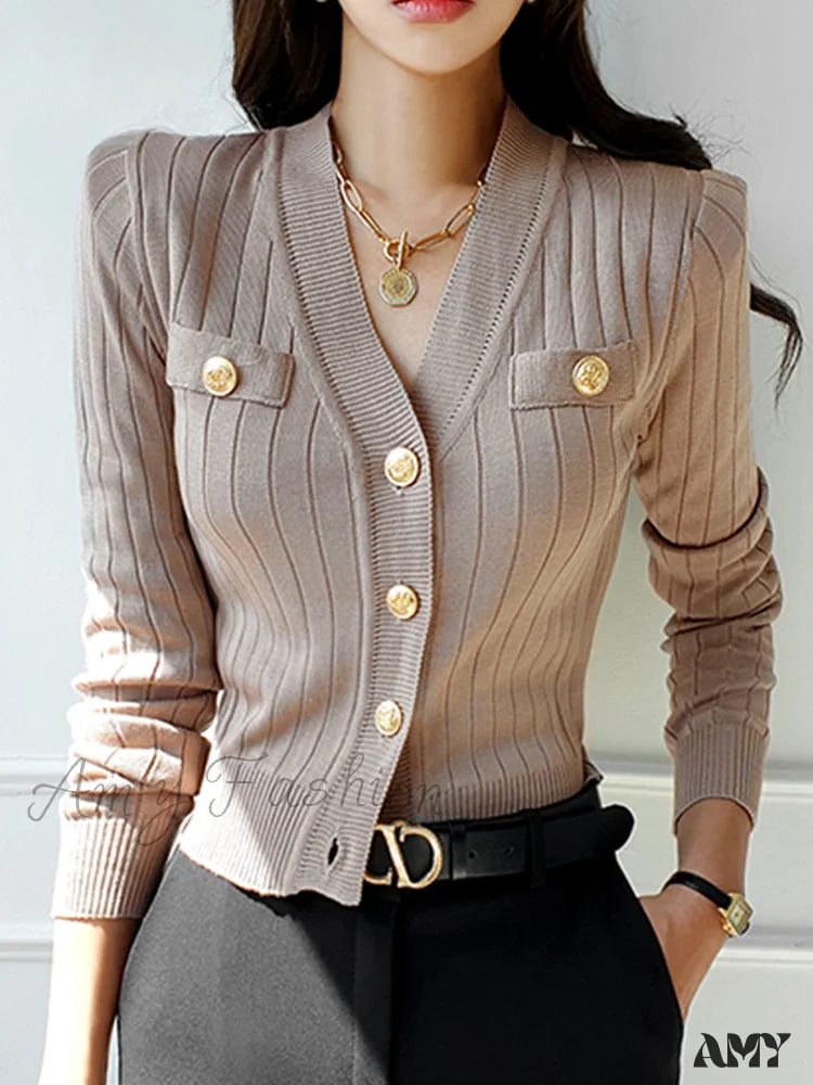 Inventory Reduction Korean Chic V-Neck Knitted Casual Basic Long Sleeve Vintage Sweater