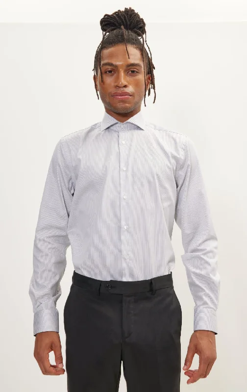 Pure Cotton French Placket Spread Collar Dress Shirt - White Anthracite Striped