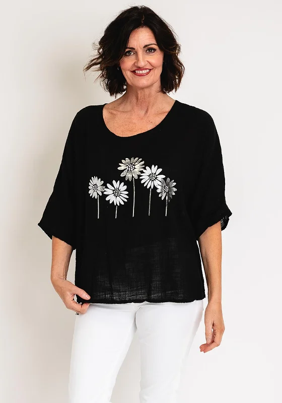 Limited Availability Serafina Collection Metallic Flower One Size Top, Black