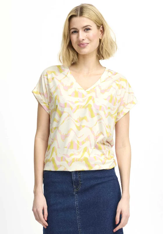 Don't Miss Out Fransa Seen Wave V Neck T-Shirt, Yellow & Pink