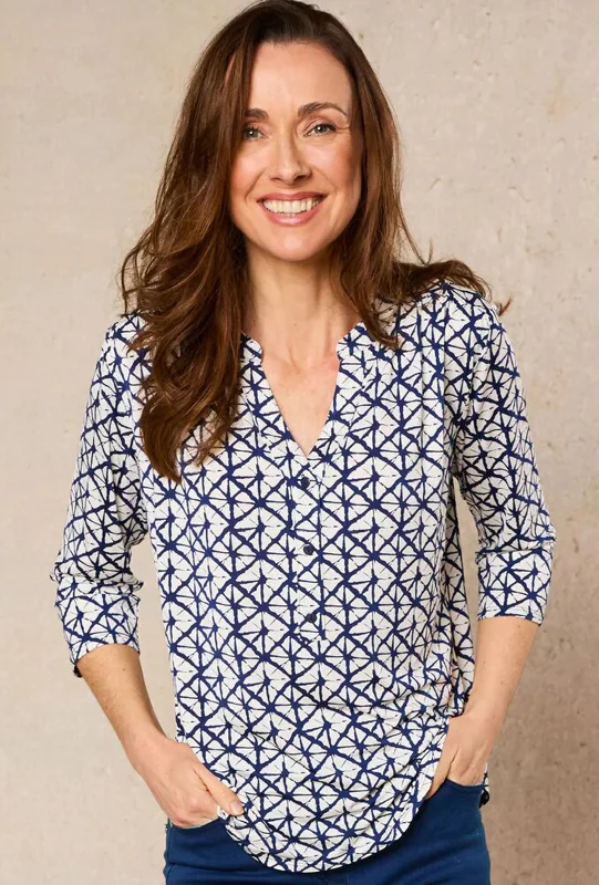 Weekend Special Natalia Collection Diamond Print Three Quarter Sleeve Blouse, Navy & White