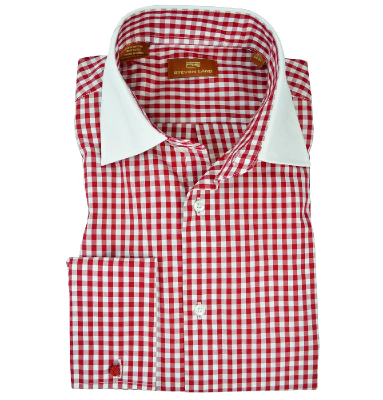 Red and White Gingham Dress Shirt with Contrast Collar