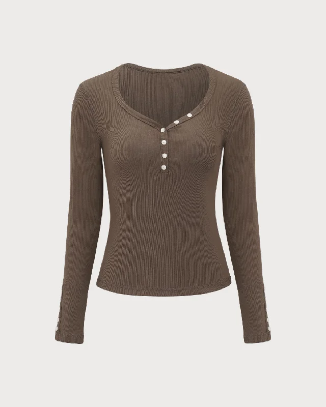 Weekend Specials to Enjoy Brown V-Neck Button Slim Tee
