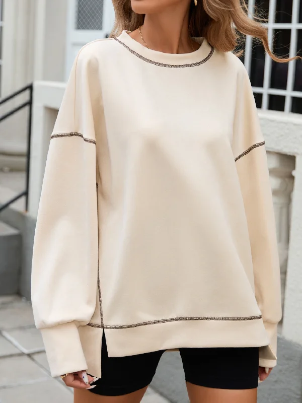 Warehouse Sale Slit Round Neck Long Sleeve T-Shirt