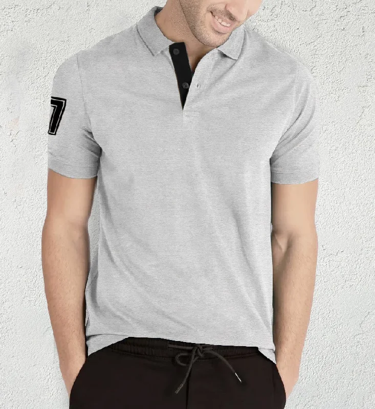 Men Solid Polo Neck Cotton Blend Grey Black T-Shirt