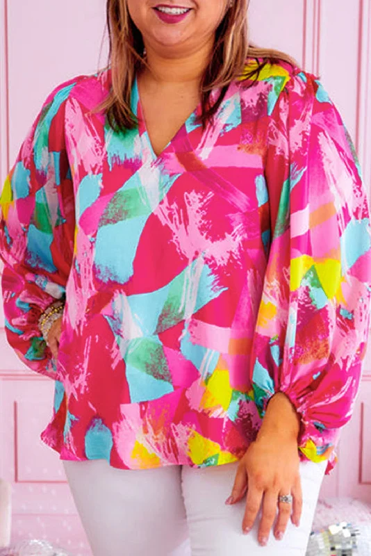 Weekend Flash Sale Plus Size Graffiti Print Split Neck Puff Sleeve Blouse