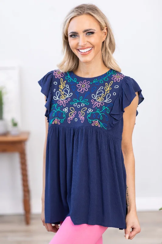 Act Now Navy Multicolor Floral Embroidered Top