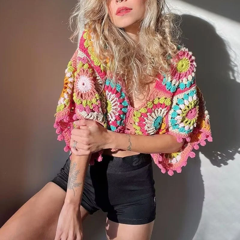 Overstock Colourful Crochet Cropped V Neck Top