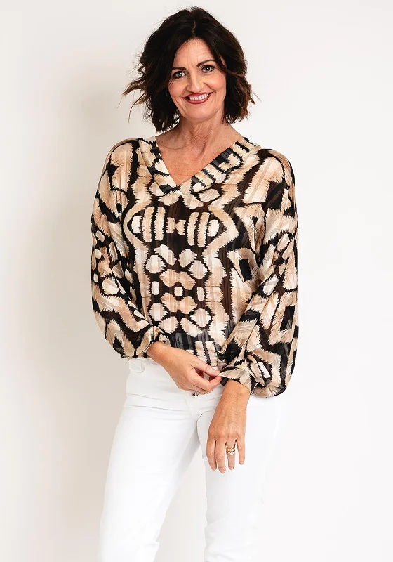 Inventory Reduction Serafina Collection One Size Retro Print V Neck Top, Beige