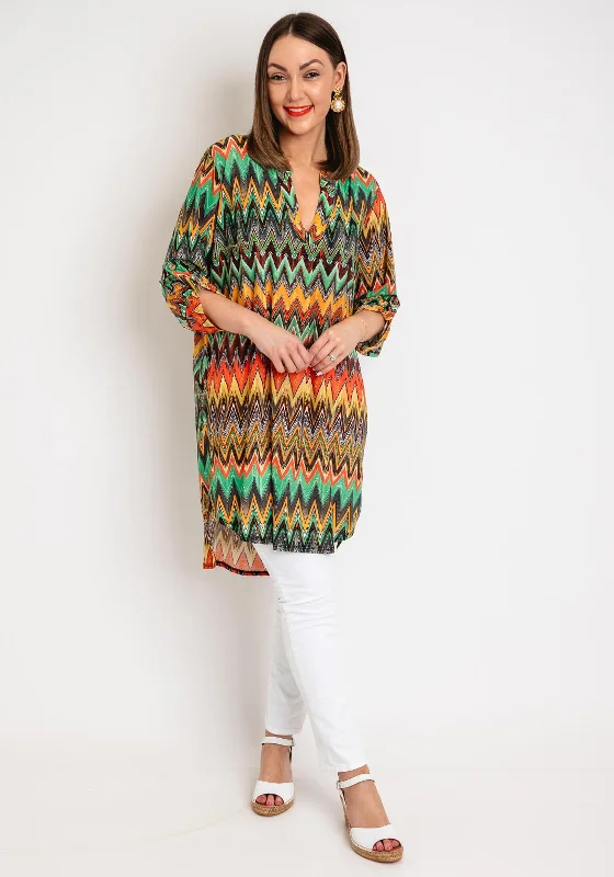 Price Drop Serafina Collection One Size Aztec Long Tunic Top, Green Multi