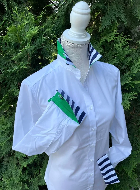 Exclusive Savings Diana French Cuff White w Navy Stripe & Green Bees (DFC19)