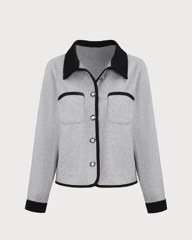 Savings Spectacular Women's Grey Splicing Single-Breasted Pocket Jacket