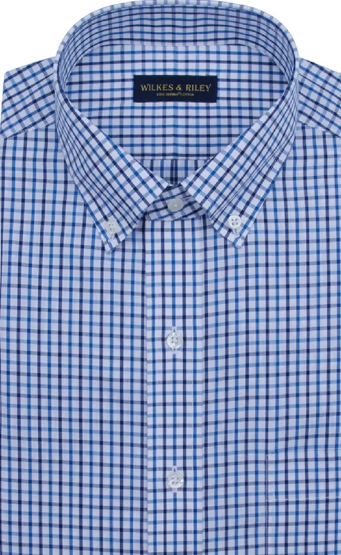 Classic Fit Blue / Navy Tattersall Button-Down Collar Supima® Cotton Non-Iron Broadcloth Sport Shirt