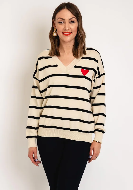 Crazy Deals Serafina Collection One Size Heart Motif Striped Sweater, Taupe
