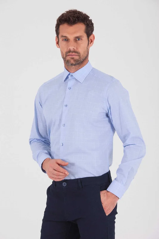 Regular Fit Long Sleeve Checked Cotton Dress Shirt, Light Blue K.