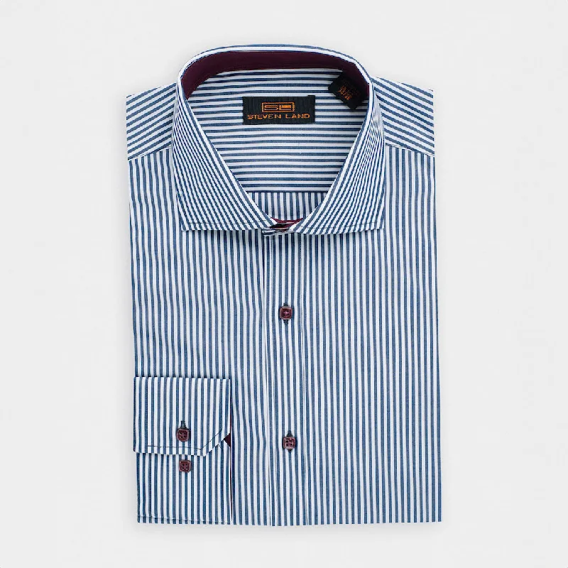 The Earl Striped Dress Shirt | Barrel Cuff & Spread Collar | Navy