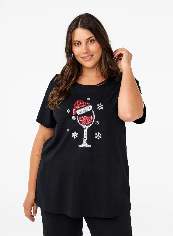 One-DAY Sale Zizzi Christmas Wine T-Shirt in Black