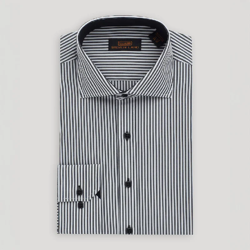 The Earl Striped Dress Shirt | Barrel Cuff & Spread Collar | Black