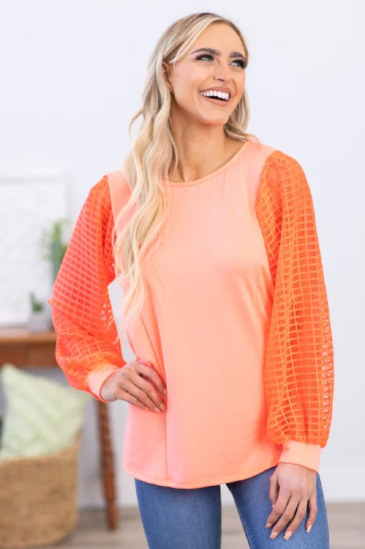 Price Slash Neon Coral Textured Ballon Sleeve Top