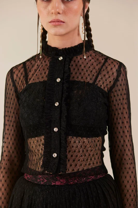 Weekend Shopping Extravaganza Dreamscape Black Lace Sheer Long Sleeve Top
