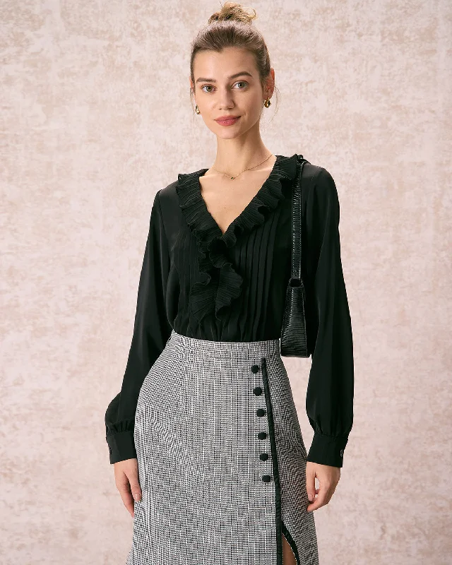 Savings Galore The Black V Neck Ruffle Long Sleeve Blouse
