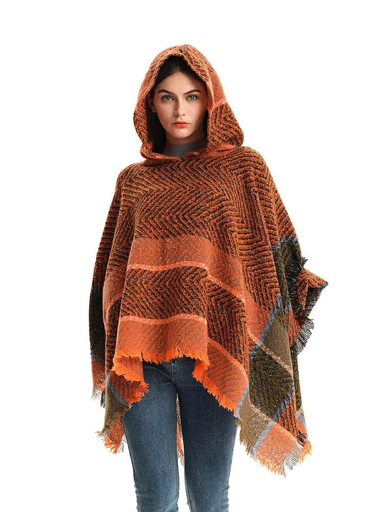Deep Discounts Women's Herringbone Striped Pattern Hooded Poncho