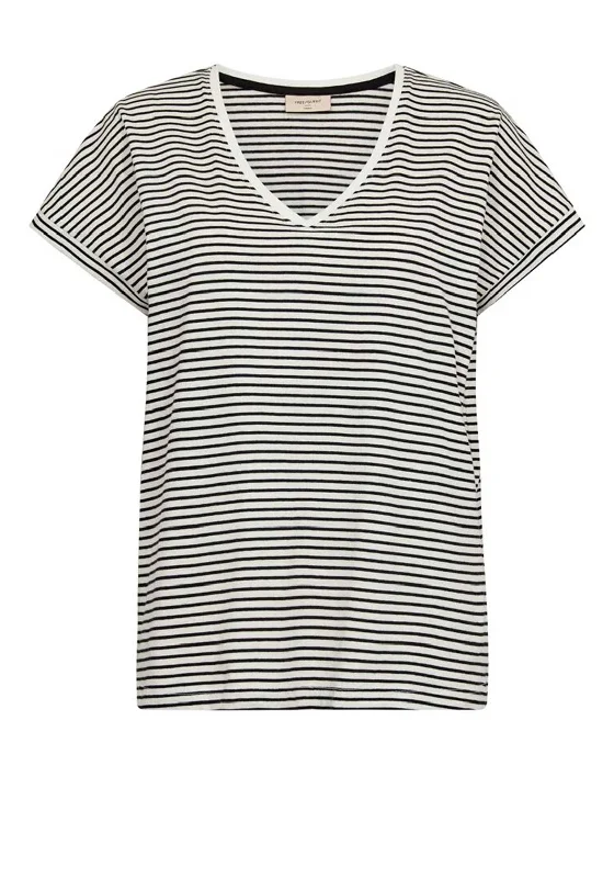Buy Now Freequent Mian Stripe V-Neck T-Shirt, Off White & Black