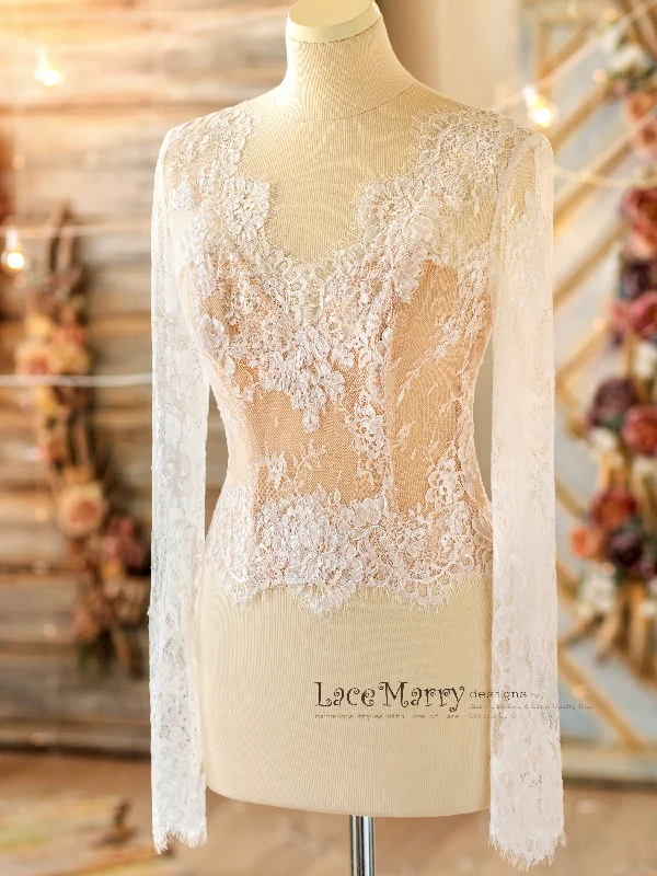 Don’t Miss Out Long Lace Sleeves Bridal Top with V Cut Back