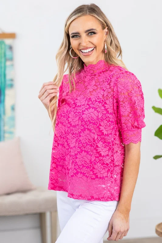 Special Price Hot Pink Lace Mock Neck Puff Sleeve Top