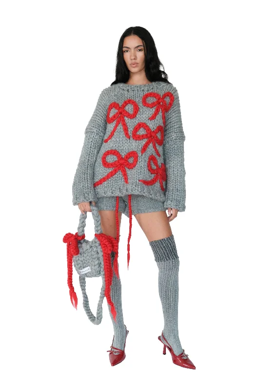 Early Bird Discount Grey Chunky Bow Knit Sweater