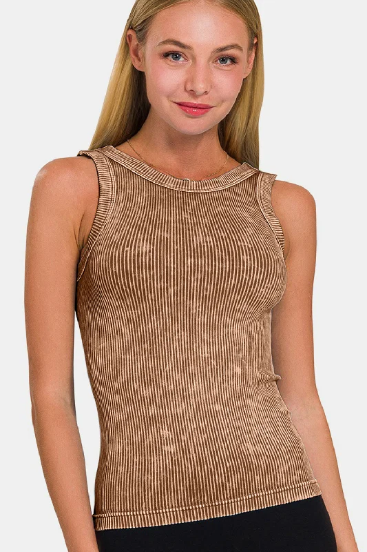 Early Bird Zenana 2 Way Neckline Washed Ribbed Cropped Tank