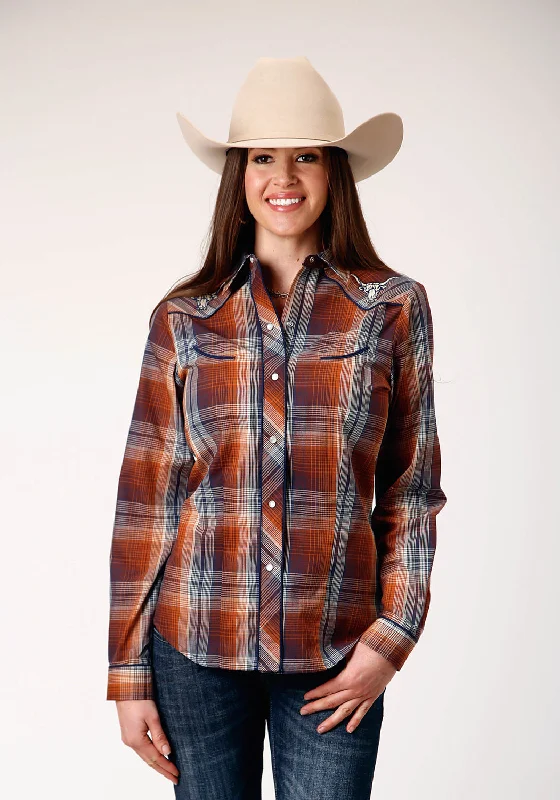 Customer Appreciation Sale Roper Womens Cream Plaid Brown Cotton Blend L/S Shirt