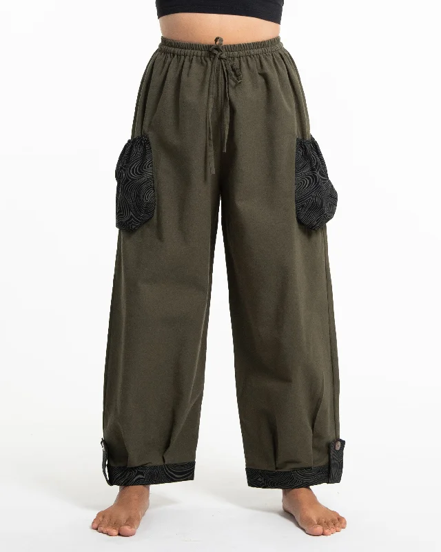 Deal Zone Unisex Drawstring Cotton Pants with Hill Tribe Trim in Olive