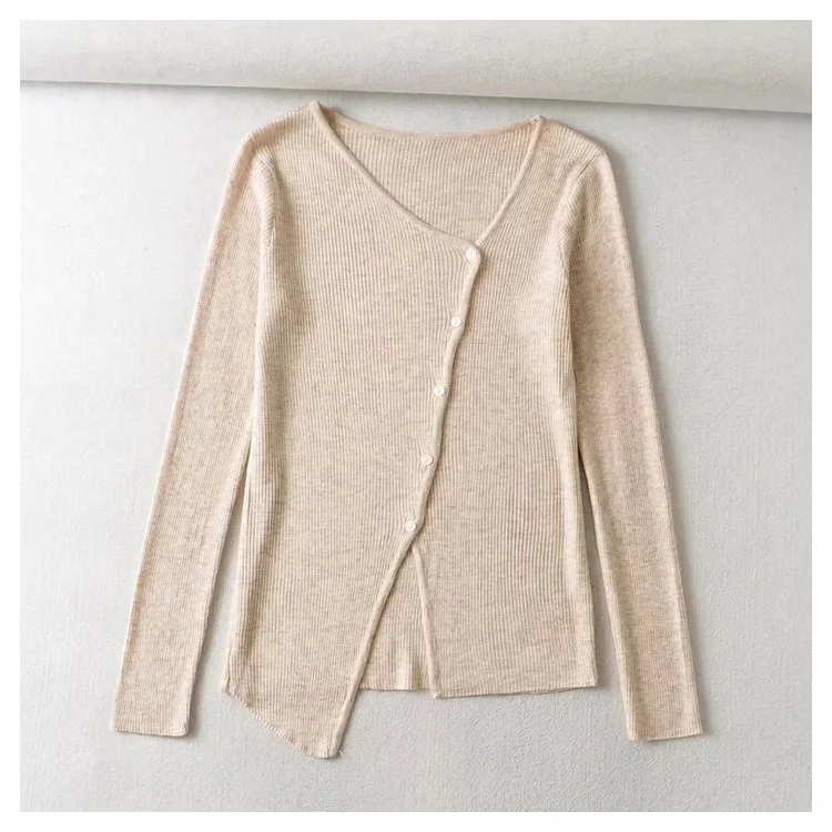 Deal Alert V-neck button irregular slim long sleeved sweater  7465
