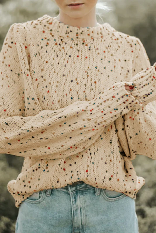 Weekend Deals to Make You Happy TastyHottie - Light French Beige Colorful Dots Cable Knit Crew Neck Long Sleeve Sweater
