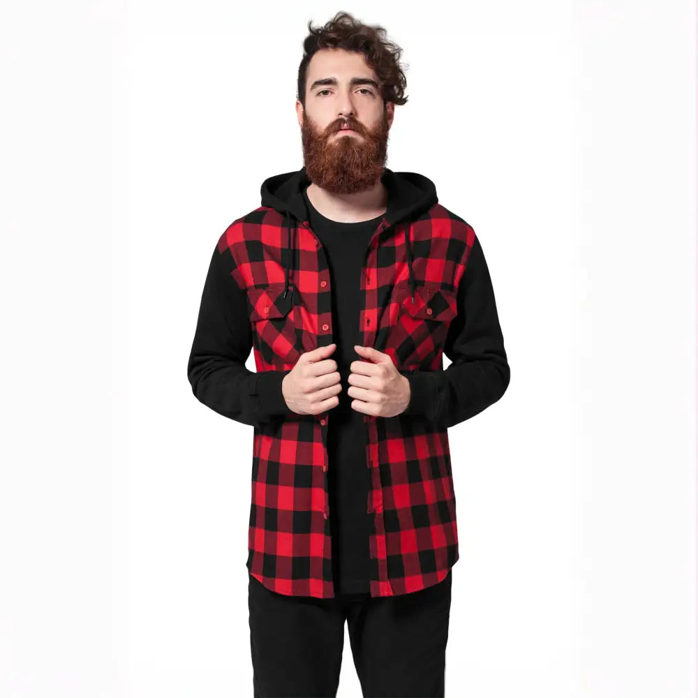 Hooded Checked Flanell Sweat Sleeve Shirt