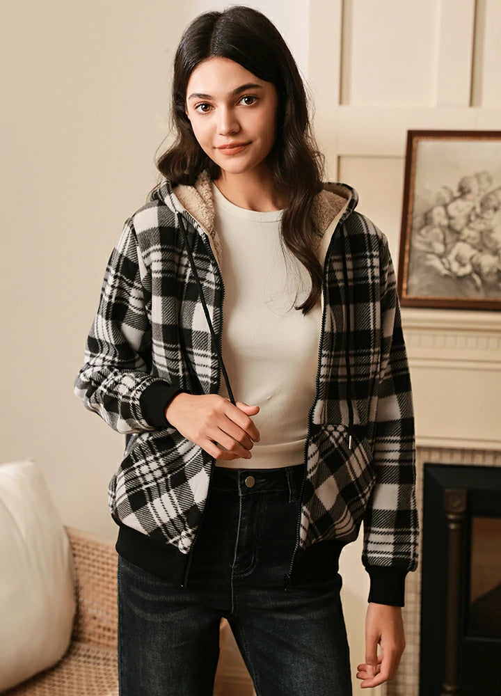 Closeout Women's Sherpa Lined Hoodie Jacket Plaid Zip Up Hooded Sweatshirt
