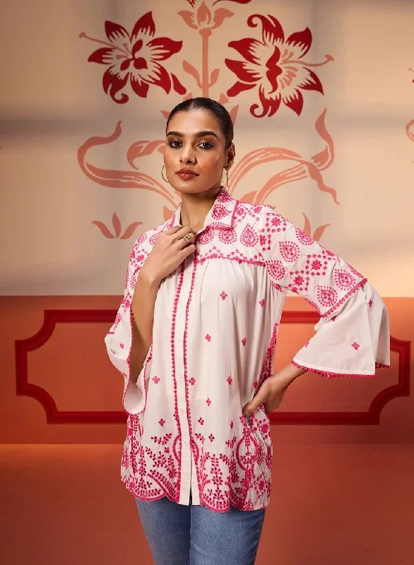 Weekend Bargains to Love Masakali Ivory with Fuchsia Pink Embroidered Schiffli Shirt for Women Weekend Bargains to Love Masakali Ivory with Fuchsia Pink Embroidered Schiffli Shirt for Women