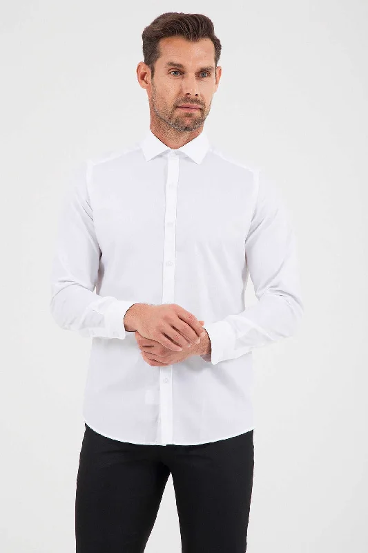 Slim Fit Plain Cotton Blend White Dress Shirt