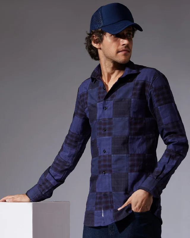 Japanese Oxford Patchwork Checked Shirt - Purple