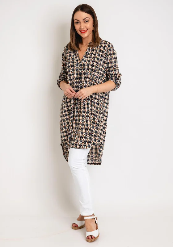 Fantastic Savings Serafina Collection One Size Abstract Long Tunic Top, Beige Multi