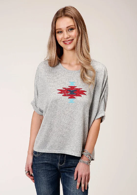 Savings Alert Roper Womens Heather Grey Polyester Dolman Aztec S/S T-Shirt