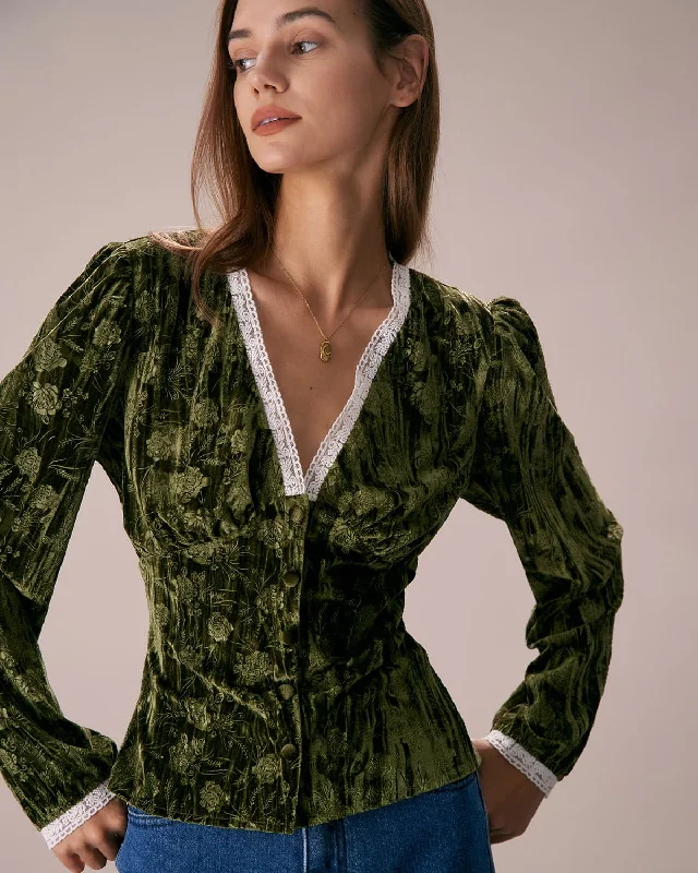 Unwind with Weekend Discounts The Green V Neck Lace Floral Velvet Blouse