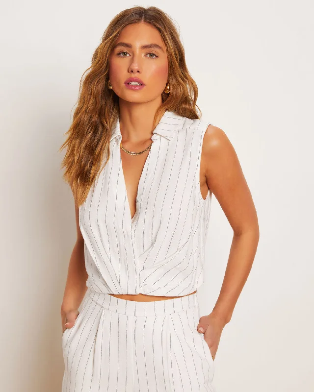 Extra Discount Tanya Pinstripe Linen Blend Wrap Front Top