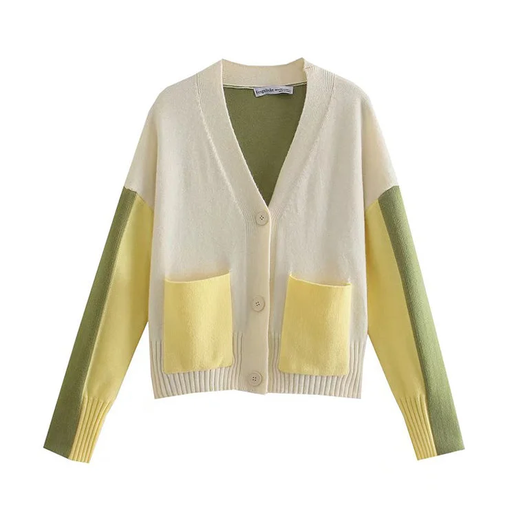 Crazy Deals V-neck contrast color design knitted cardigan loose lazy coat sweater 7418 Crazy Deals V-neck contrast color design knitted cardigan loose lazy coat sweater 7418