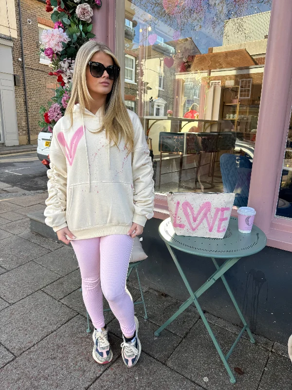 Shop and Save Pink Heart Sprayed Ruched Hoodie