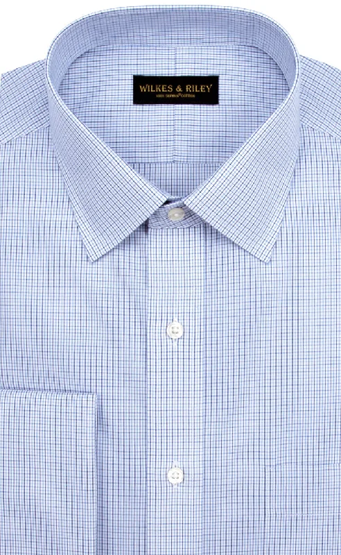 Tailored Fit Blue / Navy Micro Check Spread Collar French Cuff Supima® cotton Non-Iron Broadcloth Dress Shirt